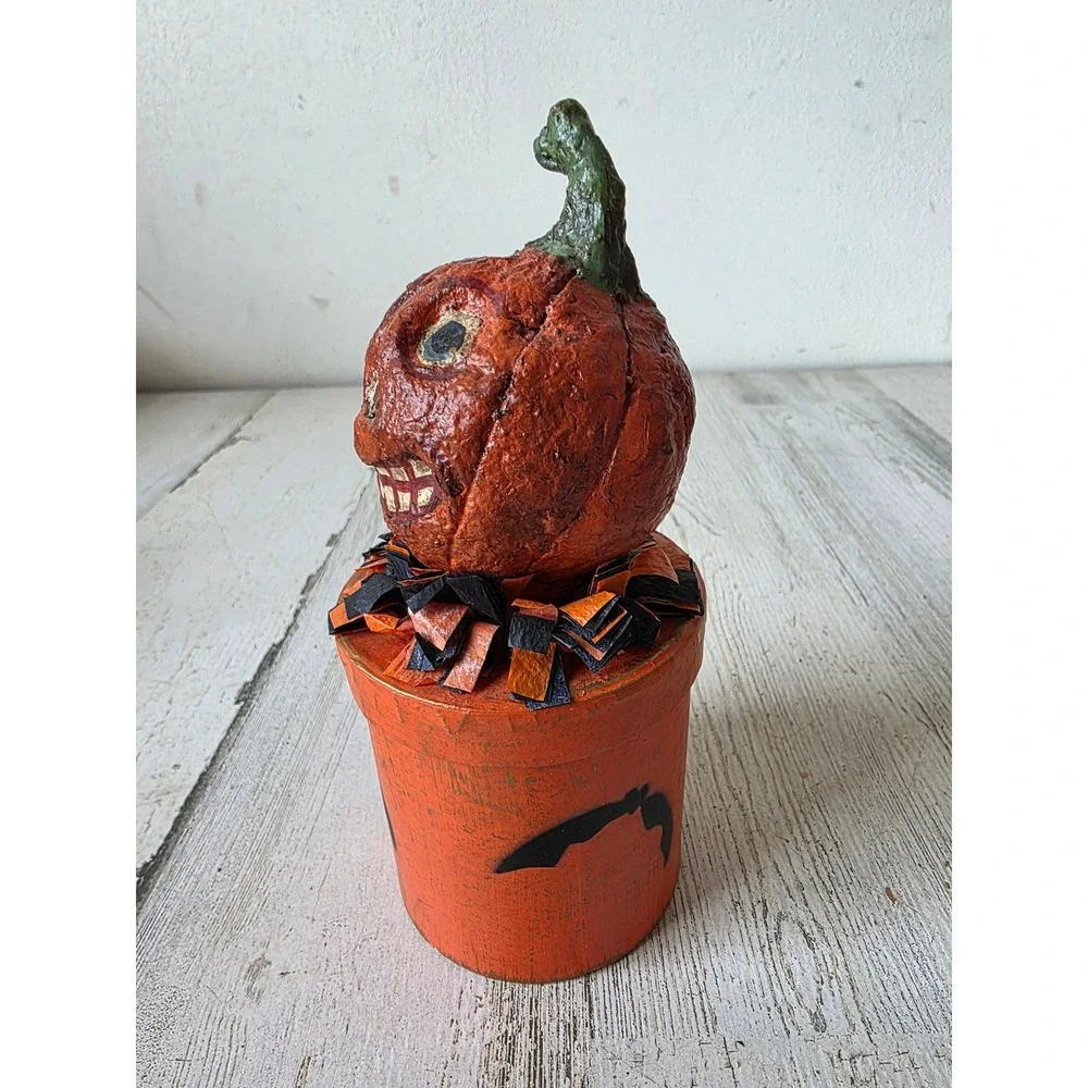 Vintage folk art pumpkin canister bat Halloween statue figurine paper decor